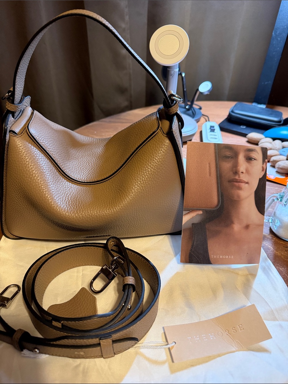 The Horse Taupe Pebbled Leather Hobo with Black Trim